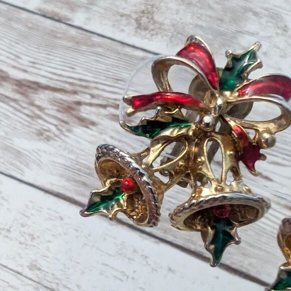 Vintage Clip On Earrings - Bells with Ribbon Christmas Large Earrings - Picture 2 of 7